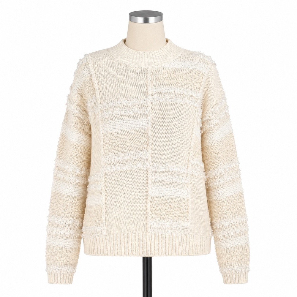 Vintage Lise J Patchwork Knit Sweater Womens Large Ivory Mock Neck Textured NWT